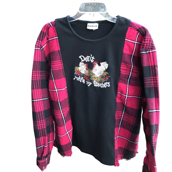 Upcycled Flannel Tee, Size S-M: Reworked Oversized Chickens Graphic Pullover - Picture 1 of 11
